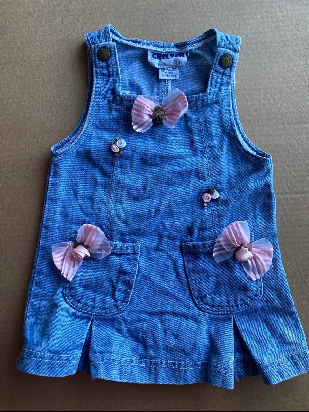 Vintage Kids Chelsea Denim overall jumper dress bows  Girl Pink Cotton 18 months